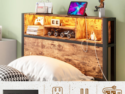 Modern Twin Size Metal Platform Bed Frame With Storage Headboard And Charging Station - Brown
