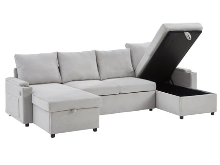 U Shaped Sectional Sofa Bed With Storage Chaise Lounges, USB Ports, And Cup Holders