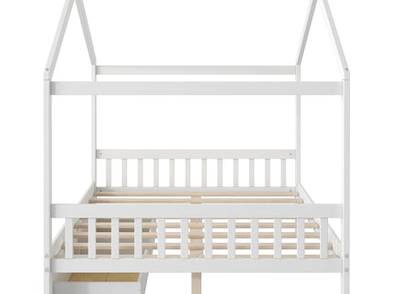 House Style Platform Bed With Headboard, Footboard, 2 Drawers, And Roof Design