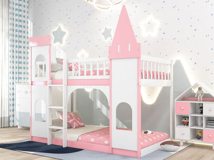 Twin Over Twin Castle Bunk Bed With Ladder - Pink