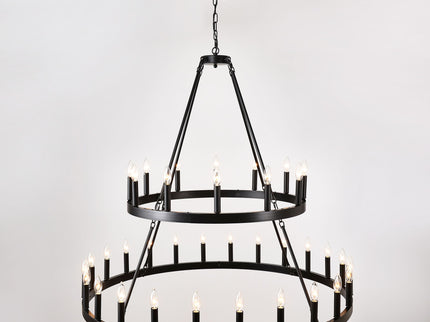 2 Tiers Wagon Wheel Chandelier Wooden Farmhouse 36 Light (24 / 12) Or (12 / 24) Metal Chandeliers 2 Story Light Fixtures Industrial For High Ceiling Living Dining Room Foyer, Adjustable Height - Black