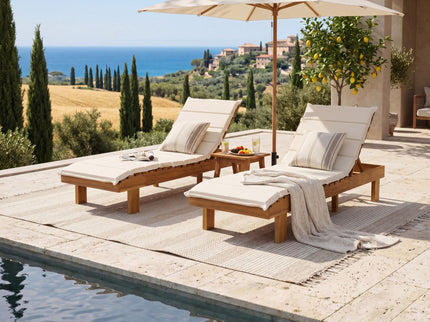 Chaise Lounge With Multi Fold Cushion, 3 Position Adjustable Backrest For Patio - Beige / Teak