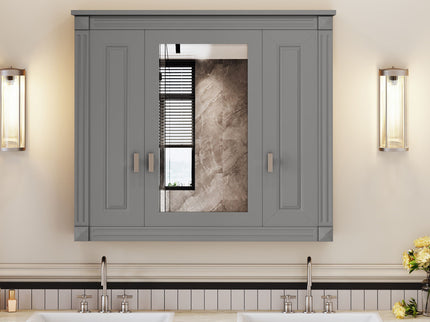 Wall Mounted Bathroom Cabinet With Mirror And 4 Shelves, Rectangular Design - Gray