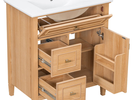 Bathroom Vanity With Sink, Flip Drawer & Adjustable Shelf - Natural