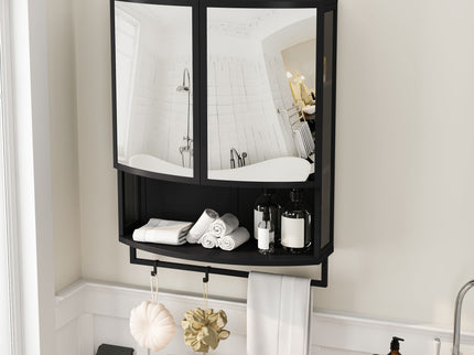 Arched Glass Double Door Wardrobe With Shatterproof Mirror, Open Shelf & Towel Rack
