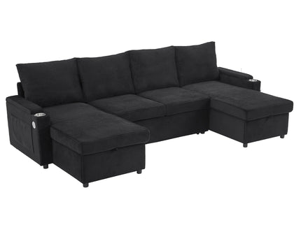 U Shaped Sectional Sofa Bed With Storage Chaise Lounges, USB Ports, And Cup Holders