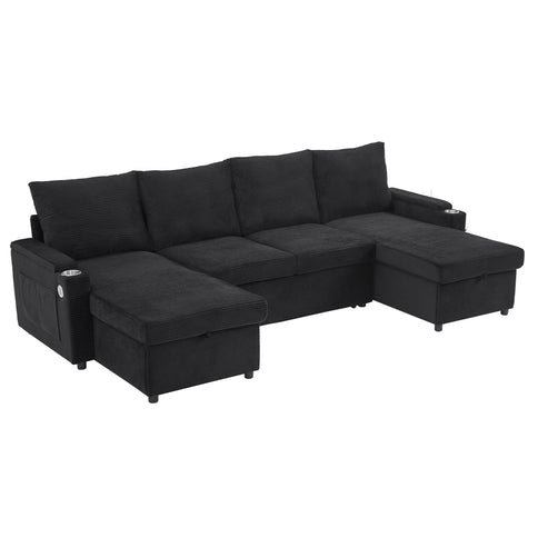 U Shaped Sectional Sofa Bed With Storage Chaise Lounges, USB Ports, And Cup Holders