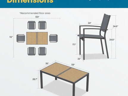 7 Piece Gray Patio Dining Set With Hdps Table And Textilene Chairs For Outdoor Use, Metal Furniture