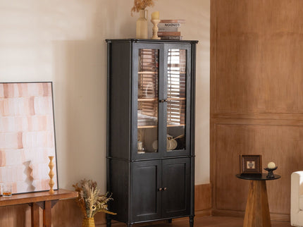 Vintage Display Cabinet With Double Glass Doors, Traditional Style For Collectibles, Ash Wood Veneer, 73.25" Tall - Black / Natural