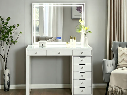 Makeup Vanity Desk With LED Lighted Mirror, 9 Drawers For Bedroom - Gloss White