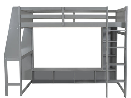 Gaming Loft Bed With Desk, Multi Storage Shelves, LED Lighting, And Hanging Clothes Rack
