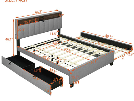 Upholstered Platform Bed With Storage Headboard, Trundle & 2 Drawers And A Set Of Sockets & USB Ports