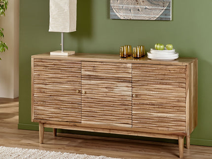 Boho Handcrafted 3 Door Sideboard, Carved Texture & Artisanal Charm - Natural