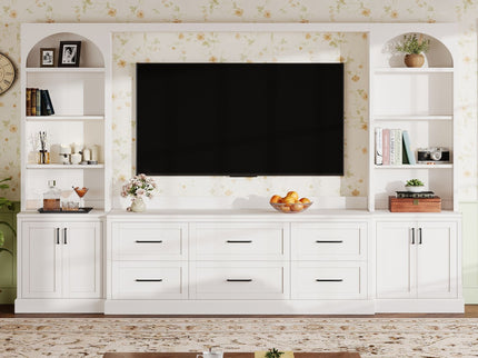 Arched Entertainment Center Wall Unit With 6 Drawers, Large TV Stand With Bookshelves