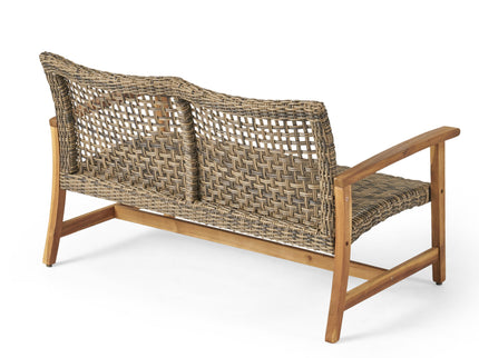 Outdoor Rattan Loveseat With Wooden Legs - Brown