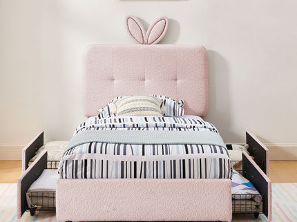 Upholstered Bed With Oversized Rabbit Ear Headboard, LED Lights & 4 Storage Drawers
