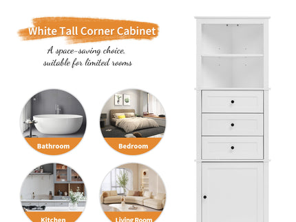 Tall Storage Cabinet With 3 Drawers And Adjustable Shelves For Bathroom