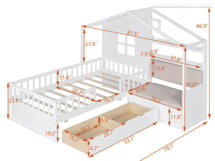 House Bed With Sofa, Kids Platform Bed With 2 Drawers And Storage Shelf