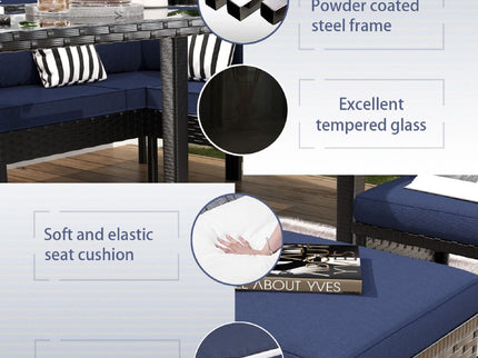 7 Piece Outdoor Furniture Set With Waterproof Cushions, Glass Table, And Space Saving Design - Blue