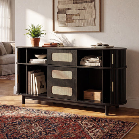Fluted Sideboard Buffet Cabinet With Sliding Doors And Adjustable Shelves