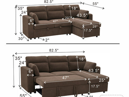 Convertible L - Shaped Sectional Sofa Bed With Storage Chaise, Cup Holders