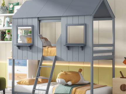 Twin Over Twin Bunk Bed With Roof, Window, Guardrail, Ladder