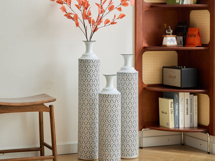 Modern Floor Vase Set Metal Vases With Geometric Pattern, 3 Piece Home Decor Set - White / Black