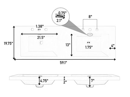Vanity Top With Undermount Rectangular Double Sinks, Faucet Holes - White