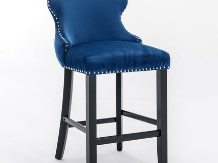 Contemporary Upholstered Wing-Back Barstools With Button Tufted Decoration And Wooden Legs, And Nailhead Trim, Leisure Style Bar Chairs, Bar Stools (Set of 2)