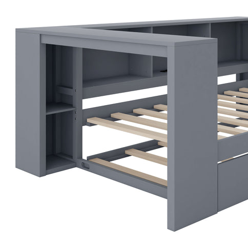 Upholstered Headboard Platform Bed With Storage Shelves, Trundle, Charging Station