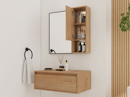 30" Wall Mounted Dressing Table With Mirror, Frame Storage Cabinet, Soft Close Door - Imitative Oak