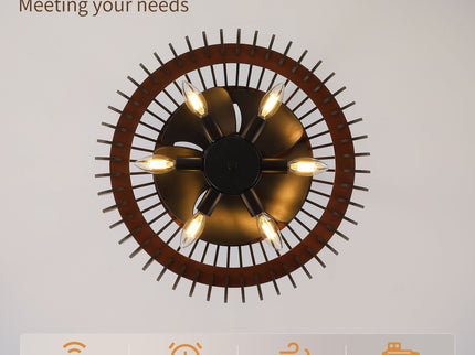 Pumpkin Ceiling Fan, Fandelier With 6 E12 Sockets, Reversible DC Motor, Adjustable Hanging, 6 Speeds Remote Control - Black