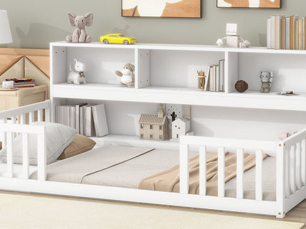Floor Bed With Bedside Bookcase, Shelves, Guardrails