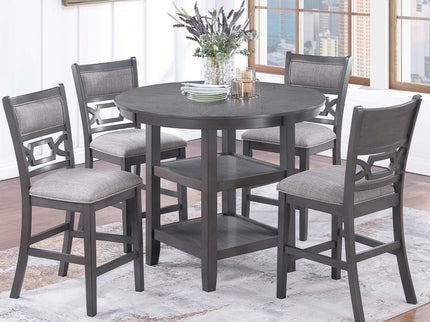 5 Piece Counter Height Dining Set With Storage Shelves Round Table And Upholstered High Chairs - Gray