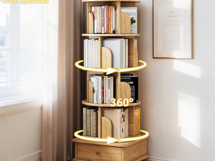 Rotating Bookshelf With Wheels And Drawer, 360° Spinning Design, Space Saving Storage