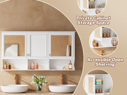 Wall-Mounted Mirror Medicine Cabinet With Adjustable Shelf And Open Shelves, Bathroom Storage Cabinet Over Toilet - White