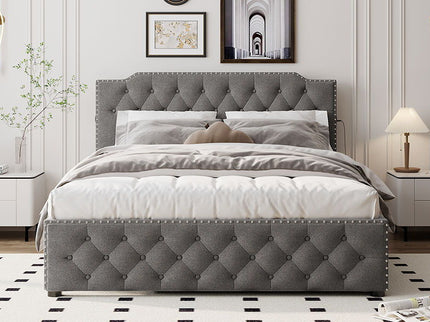 Upholstered Platform Bed With Trundle And 2 Sets Of USB Ports On Each Side, Fabric