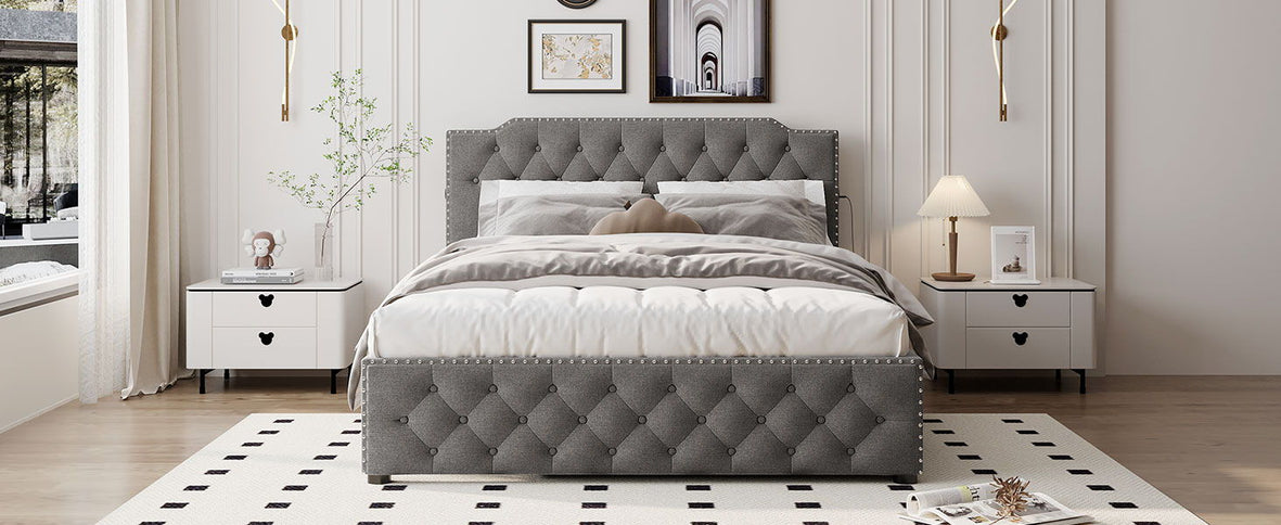 Upholstered Platform Bed With Trundle And 2 Sets Of USB Ports On Each Side, Fabric