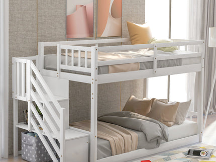 Twin Over Twin Floor Bunk Bed, Ladder With Storage
