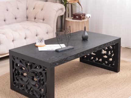 Rustic Carved Wood Coffee Table, Handcrafted Look With Ornate Side Panels