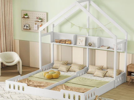 Twin Size Platform Bed With Shared Design, Guardrails, And Built In Shelves - Creamy White