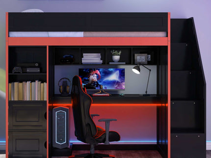 Gaming Loft Bed With Desk And Storage, LED Lights