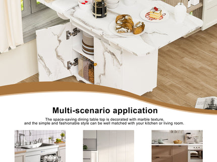 Versatile Marble Folding Dining Table With Storage Rack And Cabinet, 6 Wheels - White