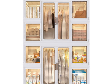 Portable Wardrobe Closet Storage Organizer For Clothes With Magnetic Doors, 12 Cubes & 2 Hanging Rods - White