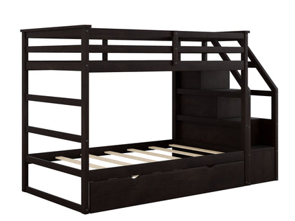 Twin Over Twin Bunk Bed With Twin Size Trundle And 3 Storage Stairs - Espresso