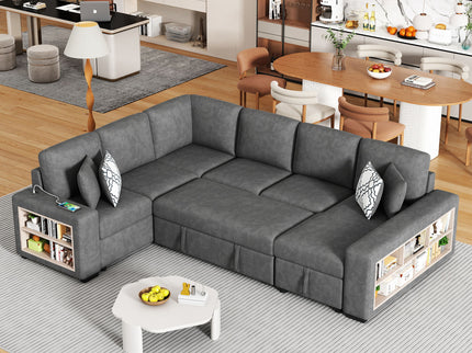 U-Shaped Sectional Sofa Pull-Out Sofa Bed With Two USB Ports, A Storage Chaise Lounge And Four Back Pillows For Living Room