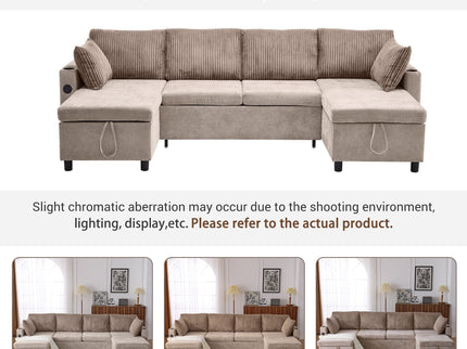 Sectional Sofa Bed With Pull Out Sleeper, USB Ports, Cup Holders