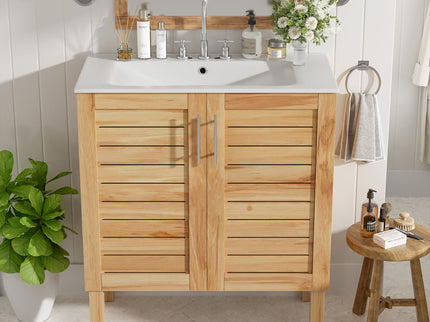 Bathroom Vanity With Ceramic Sink, Freestanding Cabinet - Antique Natural / Brown