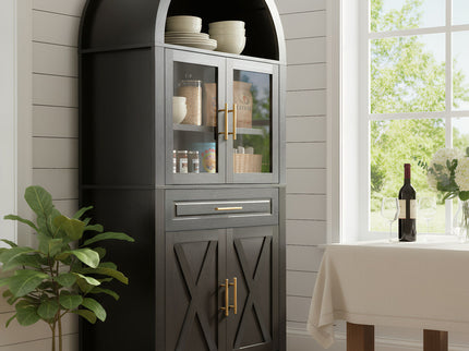 Arched Kitchen Pantry Cabinet With Adjustable Shelves And Barn Door Design