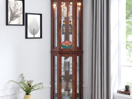 Corner Curio Cabinet With Lights, Adjustable Tempered Glass Shelves, Mirrored Back, Display Cabinet (E26 Light Bulb Not Included)